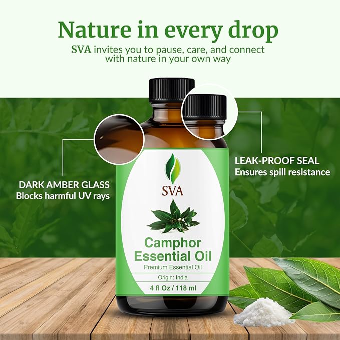 SVA Camphor Essential Oil – 4 Fl Oz – 100% Natural Camphor Oil - for Diffuser, Hair Care, Face, Skin Care, Aromatherapy, Scalp and Body Massage, Soap and Candle Making – with Dropper