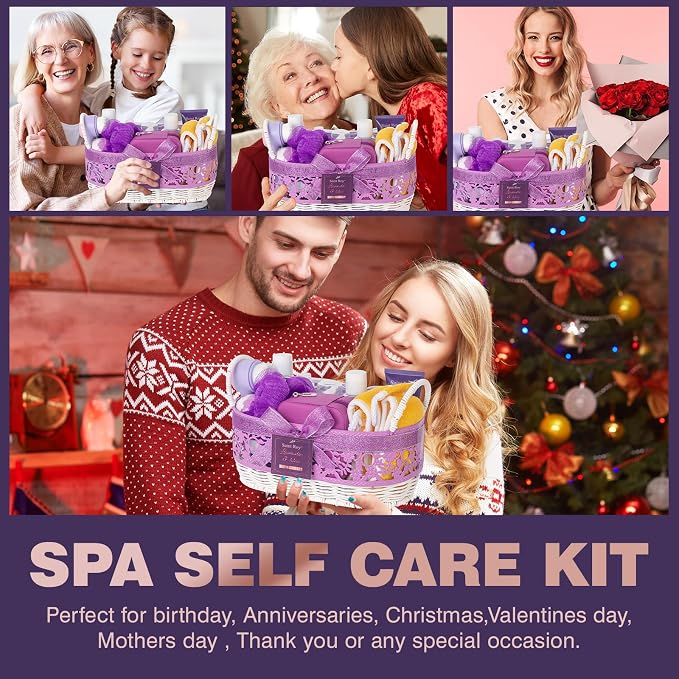 25Pcs Lavender Bath and Body Gift Basket, Hydrating Skin Care Kit, Spa Kit | Self-Care Set, Home Spa Basket set, Beauty Care Kit w/ Necklace, Birthday, Christmas, Mother Day, Anniversary, Bridal Shower