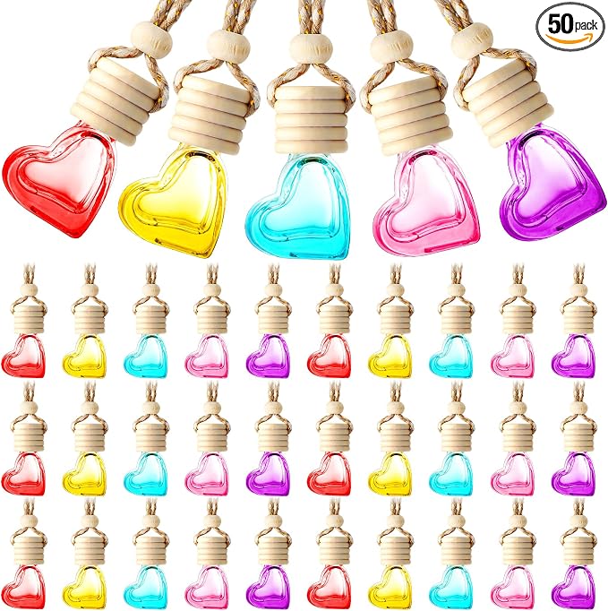 50 Pcs 6ml Hanging Car Diffuser Bottle Empty Glass Perfume Air Freshener Heart Love Vials Diffuser Pendant Wedding Essential Oil Fragrance Aromatherapy Ornament (Multicolor)