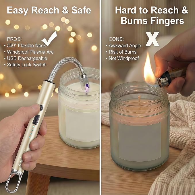 Castelar Electric Candle Lighter with Long Flexible Neck, USB Rechargeable Arc Lighter with Safety Lock for Candle, BBQ, Camping, Housewarming, and Birthday Gifts