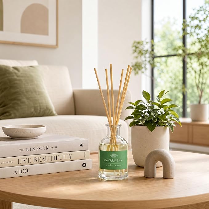 Natural Reed Diffuser Set, Sea Salt & Sage 3.52 oz (100ml) Scented Diffuser with Sticks Home Fragrance Reed Diffuser for Bathroom Shelf Decor, Ideal Gift for Woman