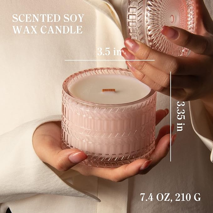 Hidden Label Rose Sandalwood Candle, 7.4oz Wood Wick, Pink Jar | 55H Burn | Crackling Wood Wick | Non-Toxic Soy Wax | Romantic Pink Decor & Gift