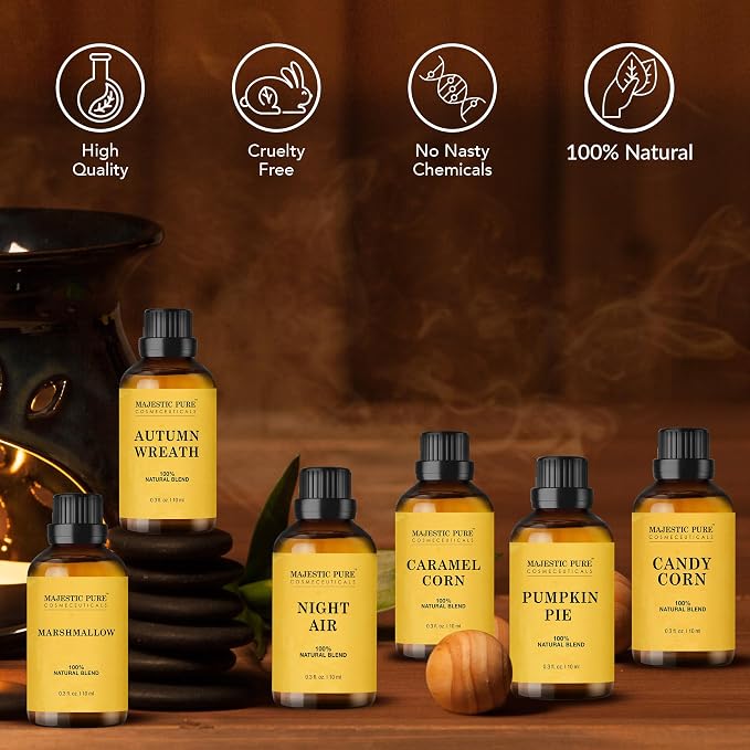 MAJESTIC PURE Essential Oil Blends Gift Set, 100% Pure & Natural Halloween Collection - Autumn Wreath, Pumpkin Pie, Candy Corn, Marshmallow, Night Air, Caramel Corn - 2 Fl oz
