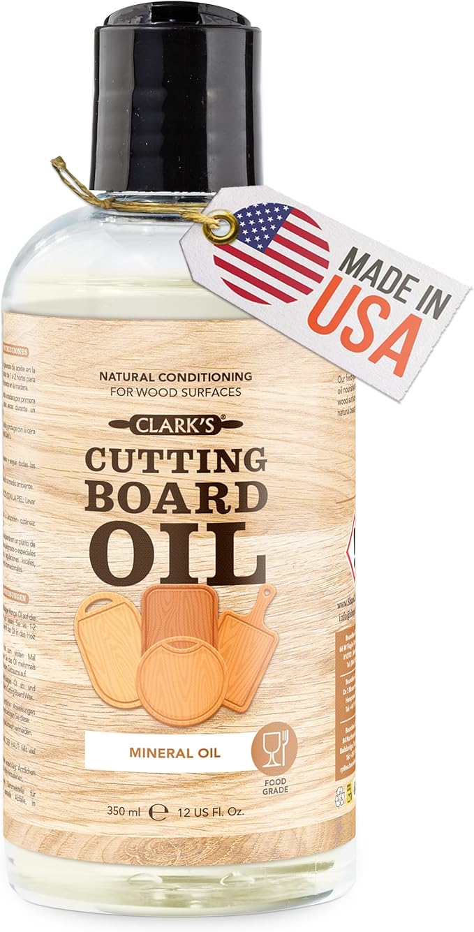 CLARK'S Mineral Oil - 12 oz Food Grade Conditioner for Wood Cutting Board, Cutting Board Oil for Butcher Block, Marble & Soapstone, Lubricant for Knife, Meat Grinder - Made in USA