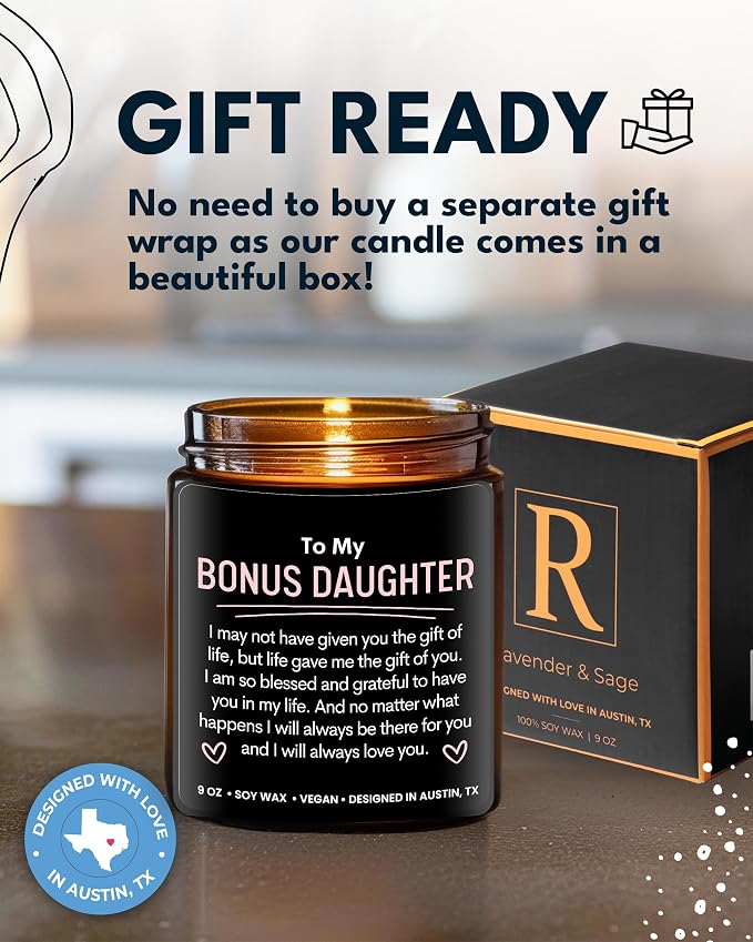 Bonus Daughter Candle, Unique Bonus Daughter Gifts for Women, Stepdaughter Gifts from Stepmom, Birthday Gift for Daughter in Law from Mother in Law, Ideal Present for Christmas, Gift-Ready