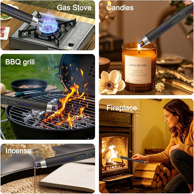 Upgraded Electric Lighter, USB C Rechargeable Flameless Plasma Arc Lighters with LED Display, Windproof Candle Lighter for BBQ Camping Kitchen, Safety Lock, for Men Women (Black)