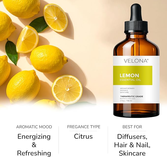 Lemon Essential Oil by Velona - 8 Fl Oz | Therapeutic Grade | for Aromatherapy Diffuser, Massage, Skincare, Haircare, Soapmaking | Undiluted