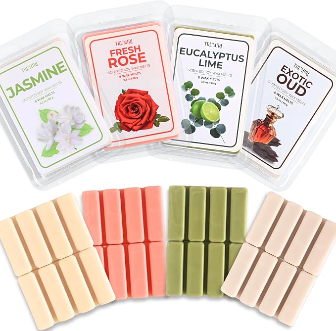 TRUMIRI Scented Wax Melts Variety Pack Exotic Oud|Fresh Rose|Eucalyptus Lime|Jasmine - Made with Non Toxic Soy Wax and Essential Oils - Long Lasting Strong Scent Pet Safe Candle Wax Cubes for Warmers