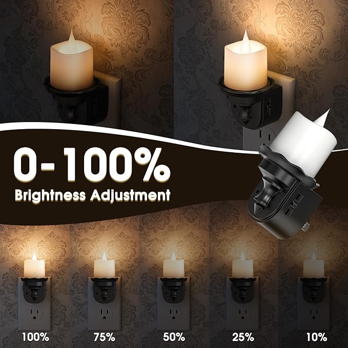 Briignite Candle Night Light, Warm White Night Lights Plug into Wall 2 Pack, LED Flicker Candle Night Light with Light Sensor, 0-100LM Dimmable Nightlight for Kids Hallway Bathroom