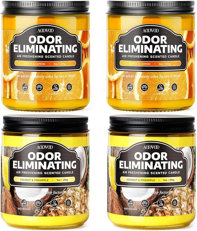 AOOVOO 4 Pack Citrus Lemon/Coconut Pineapple Odor Eliminating Highly Fragranced Candle - Eliminates 95% of Pet, Smoke, Food, and Other Smells Quickly, Non Toxic Air Freshing Soy Candle