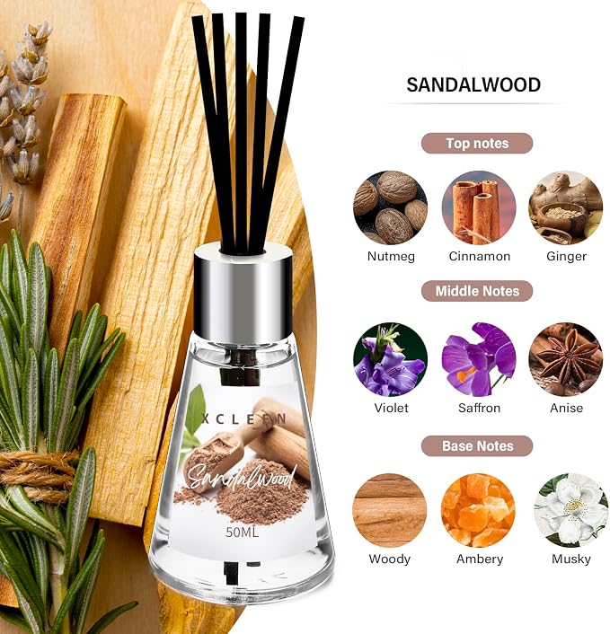 Xcleen Reed Diffuser of 3 Pack, Escape/Citrus/Sandalwood, Scented Diffuser with 15 Fiber Sticks, Home Fragrance Oil Diffuser, Air Freshener for Bathroom & Bedroom, Each 1.7Fl Oz, Total 5.1Oz