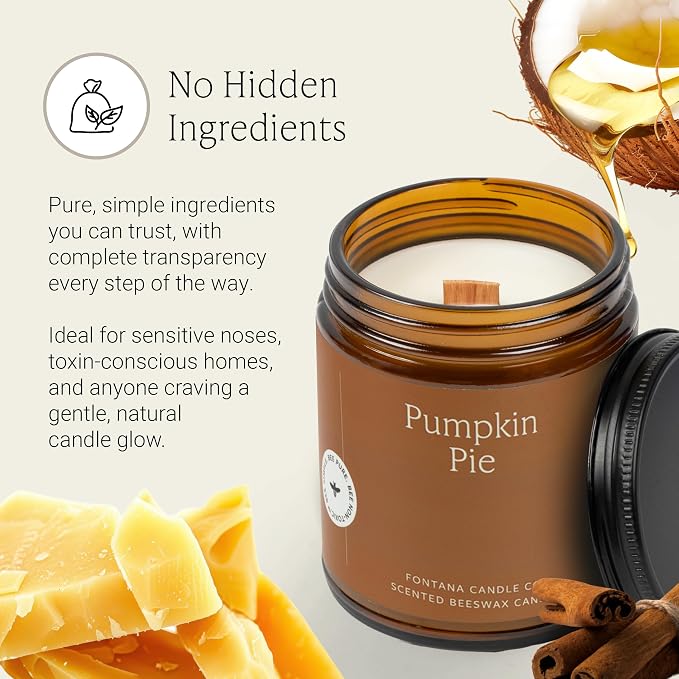 Fontana Candle Co Wood Wick Beeswax Jar Candle, Pumpkin Pie – Made Safe with Coconut Oil & Pure Essential Oils – 35+ Hrs Clean Burn, Long Lasting and Non-Toxic Candles for Home & Room Decor