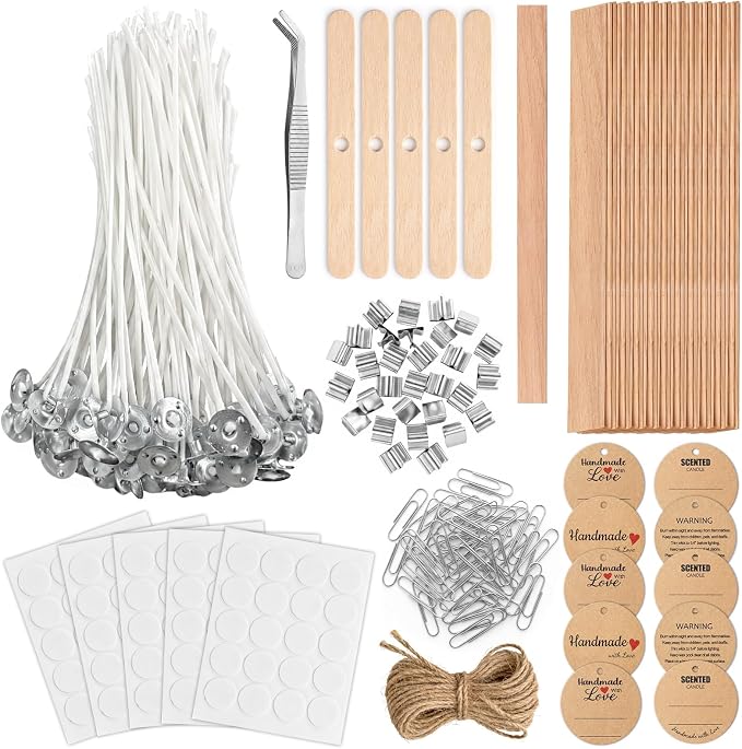 Candle Wicks for Candle Making Kit Supplies, 130 Pcs with 100 Cotton & 30 Crackling Wood Wicks for Soy Beeswax Candles, Holders & Stickers, Handmade Gifts Set (6 inch)