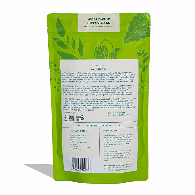 Worldwide Botanicals Organic Red Rooibos Tea – 8oz - 100% South African Aspalathus linearis – Loose Leaf, Cut and Sifted - Resealable Bag for Freshness
