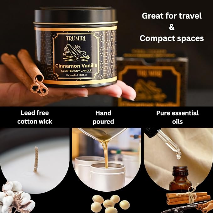 Vanilla Candle with Cinnamon Strong Scented Soy Candel Natural Non Toxic Velas Aromáticas for Women Gift for Fall Christmas Holidays Pack of 1 5Oz Decorartive Travel Tin
