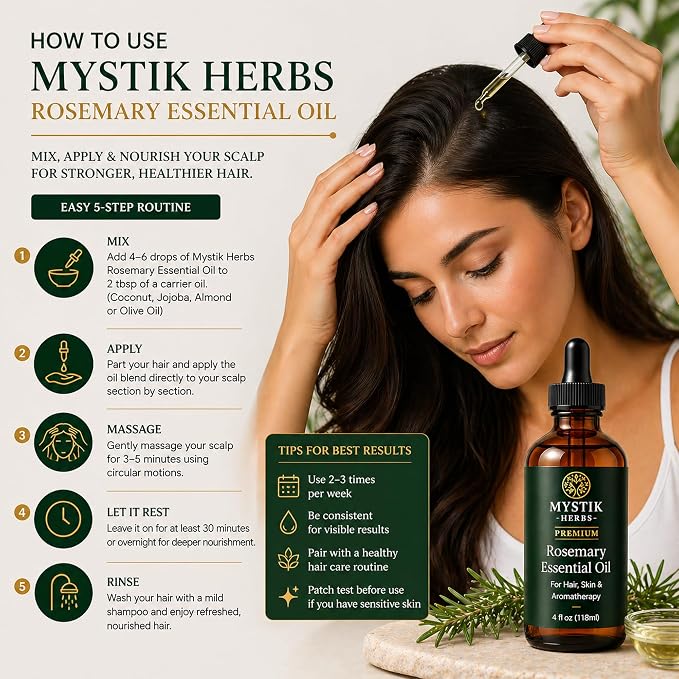 Premium Rosemary Essential Oil for Hair & Scalp, 100% Pure Undiluted Rosemary Oil for Hair Care, Skin & Aromatherapy, 4 fl oz (118ml)