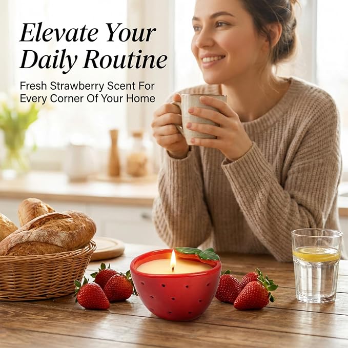 Strawberry Scented Candle – 4.23 oz (120g) Natural Soy Wax, 30-Hour Clean Burn, Strawberry-Shaped Ceramic Jar, Home Fragrance & Thoughtful Gift for Home (Red)