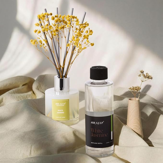 Airkeep White Jasime Reed Diffuser Refill – 6.76 fl oz – Premium Scented Oil for Home Aromatherapy – Long-Lasting Fragrance for Reed Diffusers – Perfect for Bathroom, Bedroom & Home Decor