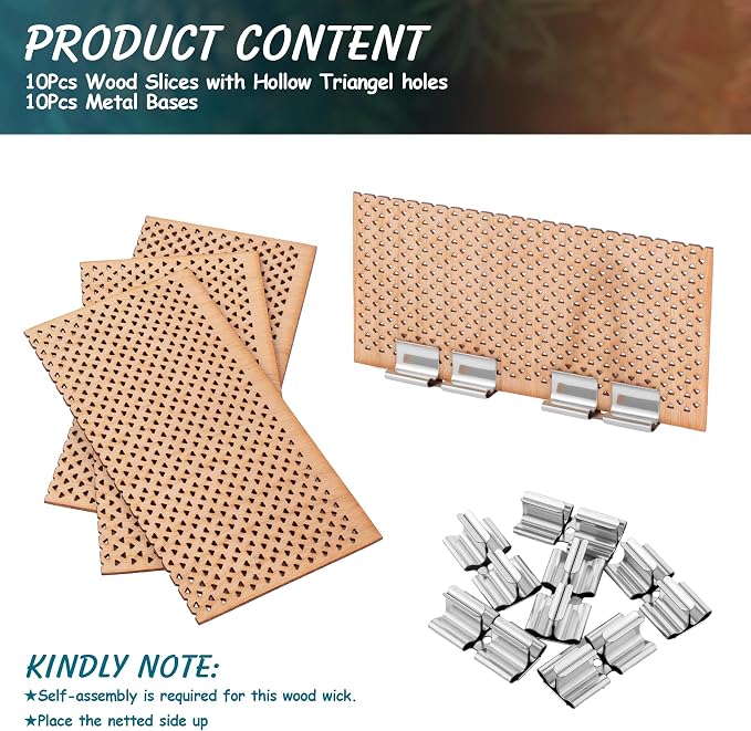 4 Set Large Wood Candle Wick Grid Design Large Wooden Wick 3.9x2.0inch / 100x50mm (Width*Height), Natural Crackling Wood Wick Core with Iron Stands for Soy Candle Making Candles Supplies