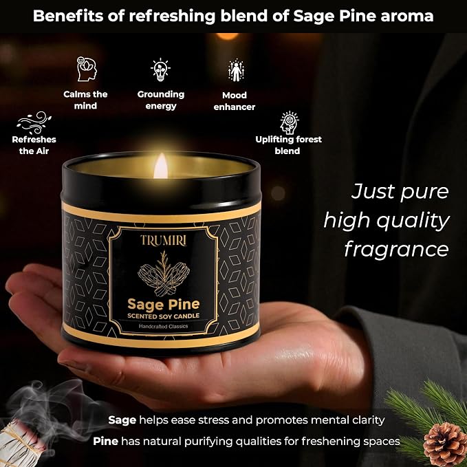 Sage & Pine Candle Strong Scented Soy Candel Natural Non Toxic Velas Aromáticas for Cleansing Gift for Fall Christmas Holidays Pack of 1 5Oz Decorartive Travel Tin