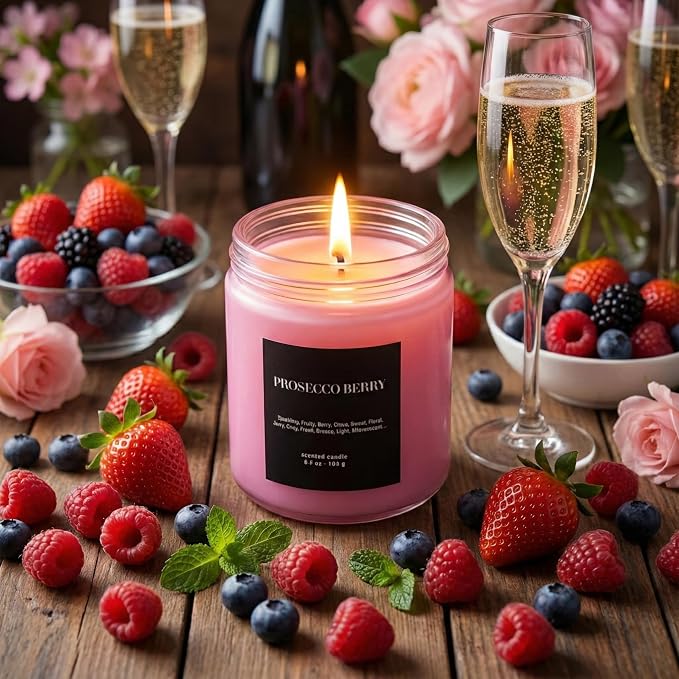 Prosecco Berry Scented Candle 6.5oz – CW Studio Color-Sprayed Glass Jar, Sweet Bubbly Fruit Aroma – Gift for Women, Hostess & Bridal Shower – Brunch Vibes – 30-35 Hour Burn
