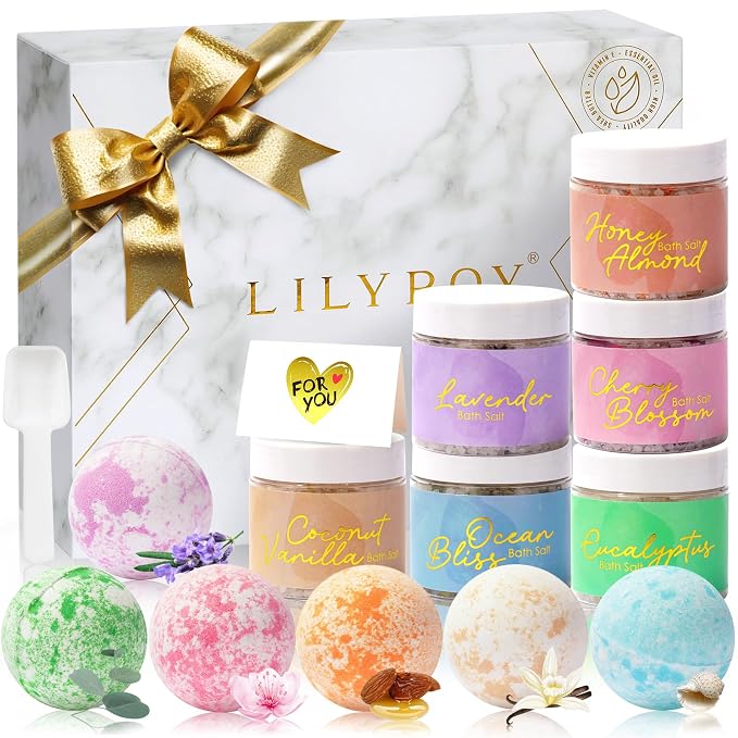 Luxurious Mothers Day Gifts for Women15-Piece Floral 6 x 150g Bath Salt & 6 x 100g Bath Bomb Gift Set for Christmas Gifts, Bath & Body Gift Set for Women, Self Care Kit Elegant Box | Birthday Gift