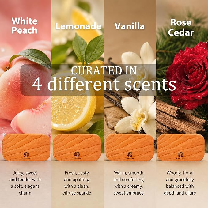 Car Air Freshener - Wood Air Freshener for Visor Clip - Long Lasting Car Odor Eliminator - Vehicle Scent Diffuser - (Vanilla + Lemonade + White Peach + Rose Cedar, CLIP INCLUDED)