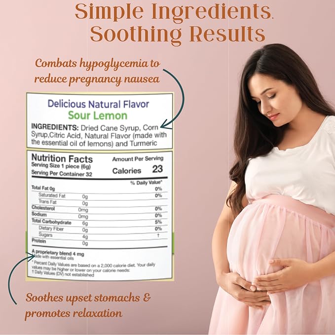 Three Lollies Preggie Drops Pregnancy Nausea Relief Drops with Essential Oils, Morning Sickness and Queasy Stomach Support for Pregnant Women, Sour Lemon, 32 Count