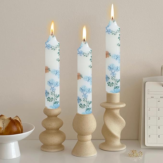 7 inch Short Candle Floral Candle Sticks Printed Candlestick Handmade Unscented Taper Candle 4 Pack Light Blue Flower Tapered Candles for Home Dinner Wedding Holiday