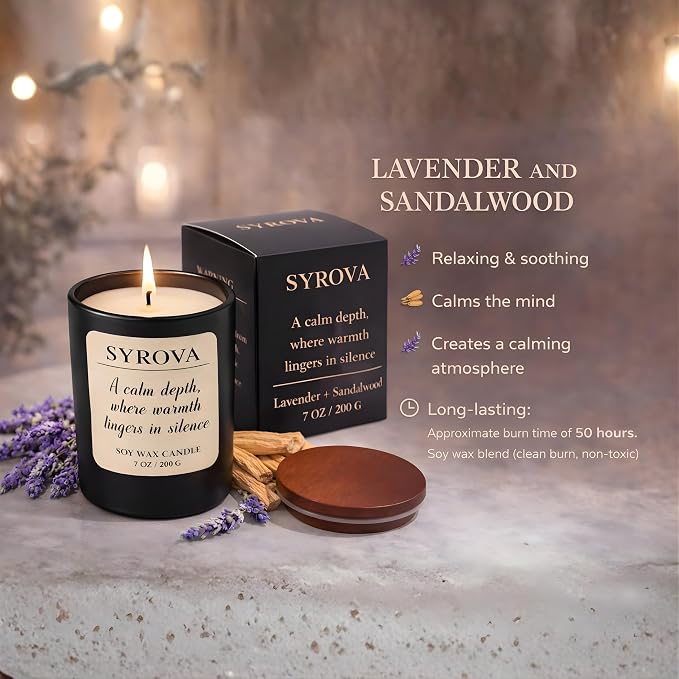 Lavender & Sandalwood Candle, Luxury Scented Soy Candle 7oz, Calming Relaxing Fragrance for Home, Stress Relief & Sleep Aromatherapy Candle, Gift for Women, Long Lasting Jar Candle