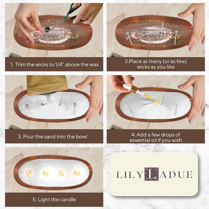 LILY LADUE Sand Candle Kit - 1Lb/16Oz Pearled Candles Sand and Wicks (24) with Copper Holder, Unscented Aroma Beads, Reusable Pearled Candle Wax for DIY Home Kit, Powder Beads Refill Available