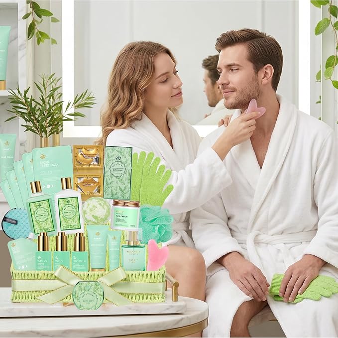 Gifts for Women & Men, 32 Pcs Tea Tree Spa Gift Basket for Women & Men, Fathers Day Gifts for Dad, Hydrating Face Skin Care Kit, Bath & Body Gift Basket Set, Self-Care Gift Set, Birthday, Anniversary