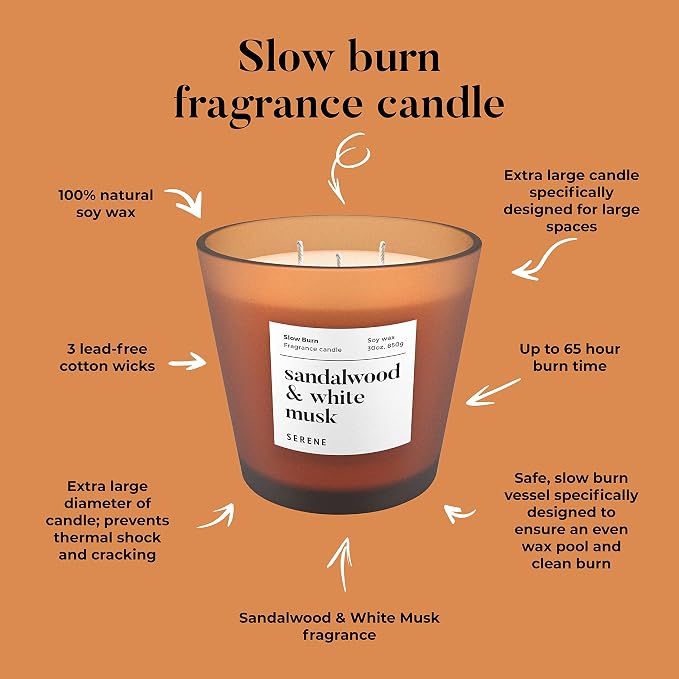 Hidden Label Sandalwood White Musk Scented Candle, 30oz Large 3 Wick Candle for Home, 120H Long Lasting Natural Soy Wax, Strong Scent Throw for Large Rooms, Non-Toxic Stress Relief Gift for Women
