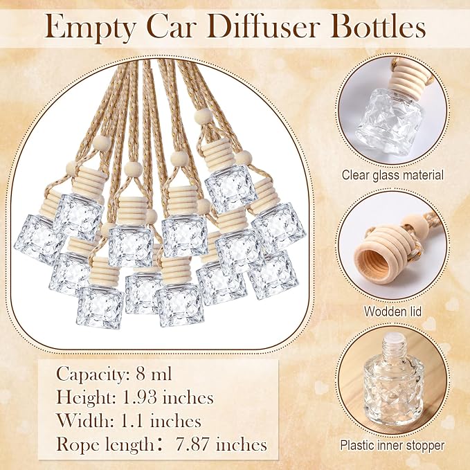 Boao 50 Sets Hanging Car Air Freshener Diffuser Bottles with 2 x 3.54 Inch Car Diffuser Instructions Cards for Empty Essential Oil Bottles (White Card,Round Diamond)
