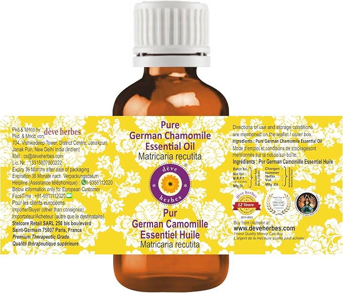 dève herbes German Chamomile Essential Oil (Matricaria recutita) Pure | Non-Sticky | Non-Greasy | Lightweight | Men & Women | All Skin Types | Steam Distilled 5ml (0.16 oz)