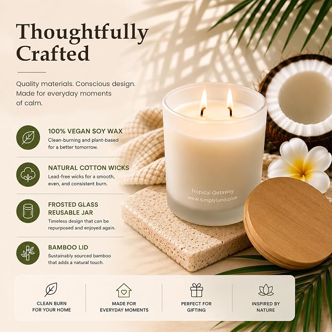 Tropical Getaway Coconut & Grapefruit Scented Candle | 14oz Soy Wax | 50+ Hour Long Lasting Burn | Reusable Glass Candle Jar with Bamboo Lid & Eco Friendly Gift Box |Luxury Scented Candle for Home