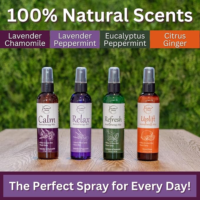 Aromatherapy Mist – Linen, Room & Pillow Spray, Set of 4 Natural Air Fresheners. Essential oil spray variety pack with Lavender, Chamomile, Eucalyptus, Peppermint & Citrus - Brookethorne Naturals