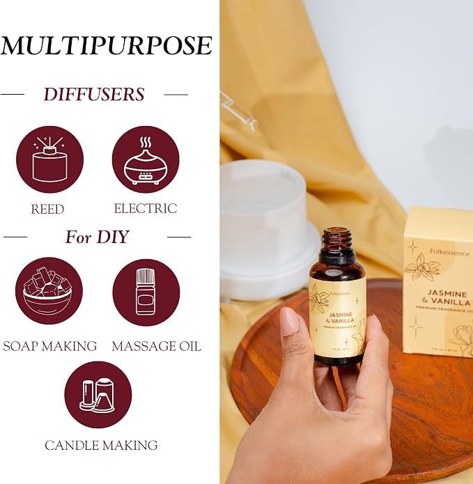 Folkulture Jasmine & Vanilla Essential Oil Blend | 30 ml - 1.01 Fl Oz Fragrance Oil | Premium Diffuser Oils for Humidifier, Diffuser for Relaxation, Calmness, Home Fragrance & House Warming Gifts