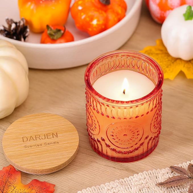 DARJEN Pumpkin Candles for Home- 5.3oz 35H Natural Soy Wax Aromatherapy Jar Candle with Strong Scent, Decorative Aesthetic Candles for Entryway, Living Room, Fall Obsession, Luxury Gift