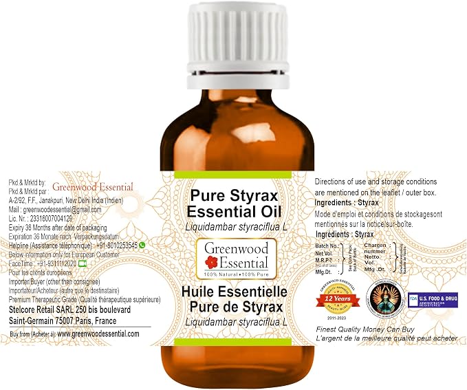dève herbes Styrax Essential Oil (Liquidambar styraciflua L) Pure | Non-Sticky | Non-Greasy | Lightweight | Men & Women | All Skin Types | Steam Distilled 2ml (0.06 oz)