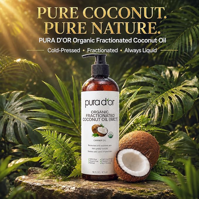 PURA D'OR ORGANIC Fractionated Coconut Oil MCT Oil (16 Oz) 100% Pure & Natural USDA Certified