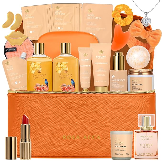 25 Pcs Mother's Day Gift, Bergamot & Rose Bath & Body Gift Set for Women, Hydrating Skin Care Kit, Pamper Self Care Gifts, Leather Bag, Necklace, Christmas, Birthday, Anniversary, Mom