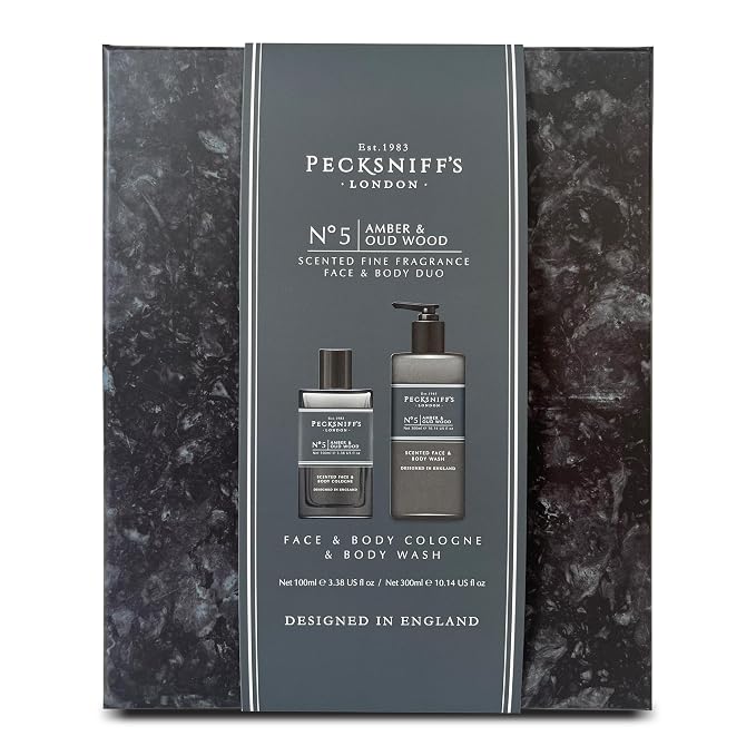 Pecksniff's Face & Body Duo Amber & Oud Wood – Men’s Grooming Gift Set with 100ml Face & Body Cologne and 250ml Body Wash – Luxury Fragrance Collection, Made in England