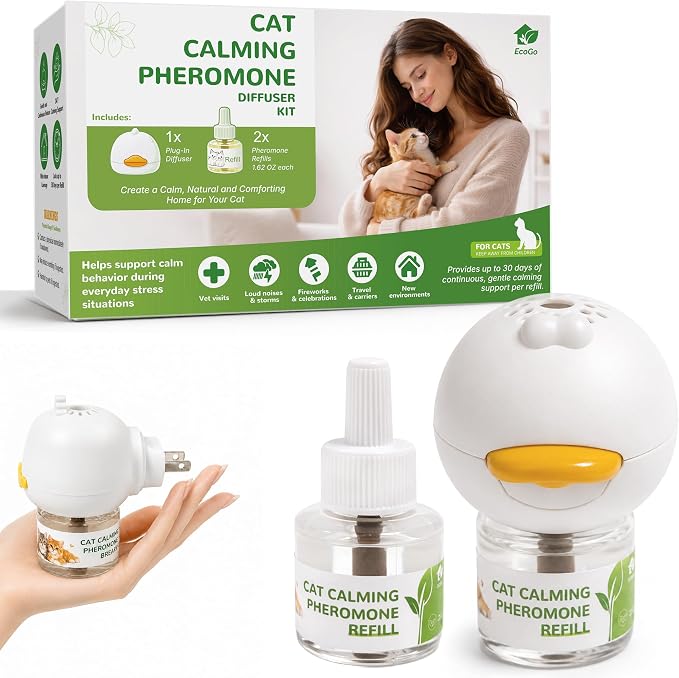 Cat Calming Pheromone Diffuser Kit, Plug-in Diffuser + 2 Refills (60-Day Supply), Reduces Anxiety & Stress for Indoor Cats, Safe for Kittens & Multi-Cat Homes