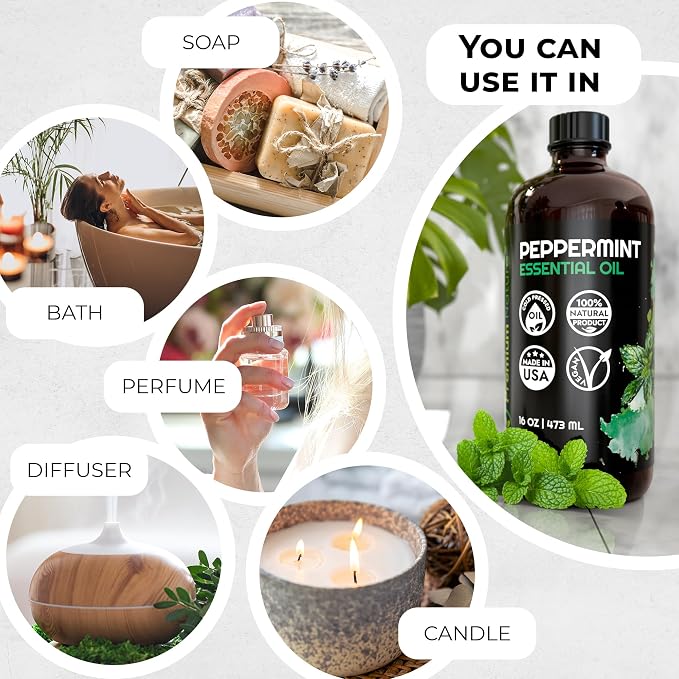 Peppermint Essential Oil for Diffuser Aromatherapy Pure Peppermint Oil for Hair Growth Organic for Skin Pure Essential Oil for Soap Making Pepermint Oil Essential for Laundry 16oz