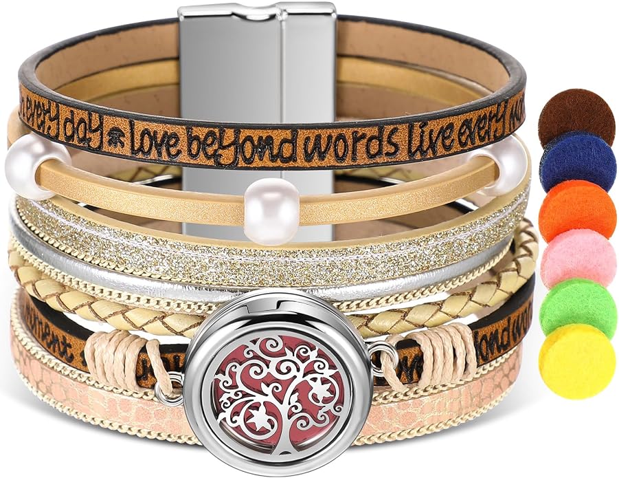 Tondiamo Essential Oil Diffuser Bracelet Christmas Jewelry for Women Aromatherapy Locket Leather Diffuser Bracelet with 12 Pcs Refill Pads for Women