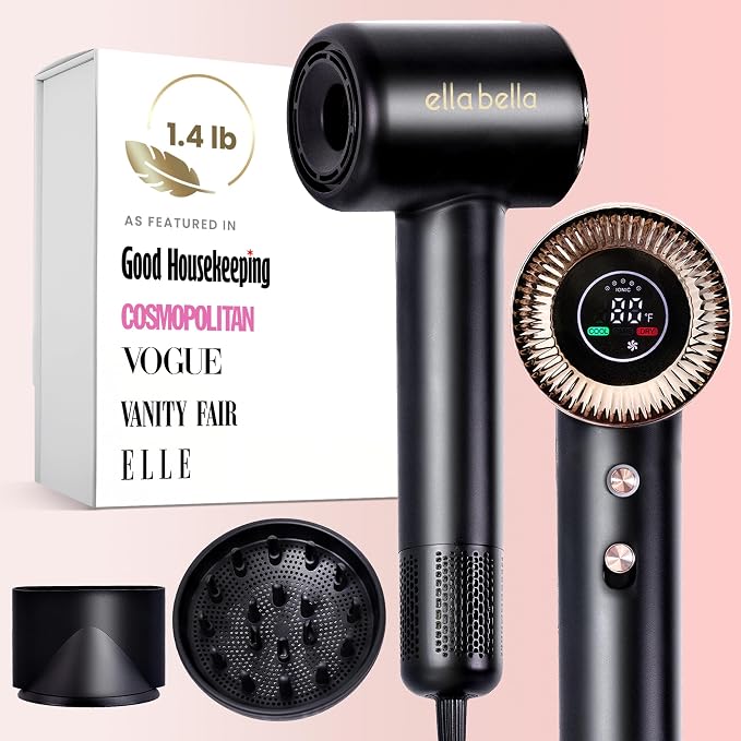 ELLA BELLA® Compact Plasma Hair Dryer, Advanced Plasma Technology Blow Dryer with Digital Display, Rapid Drying, Low Noise, & Luxury Velvet Travel Bag - Includes Diffuser & Nozzle- for All Hair Types