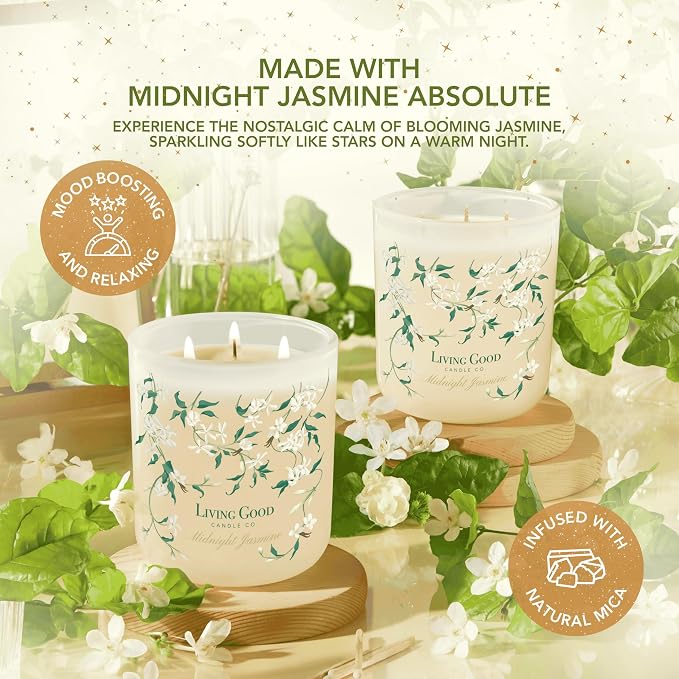 Midnight Jasmine Beeswax Candle - Nostalgic Soft Jasmine with Pink Pepper & Vanilla - Subtle & Refreshing - 90+ Hours of Clean & Non-Toxic Burn - Hand-Drawn Jar - Perfect Unique Gift - 15 OZ