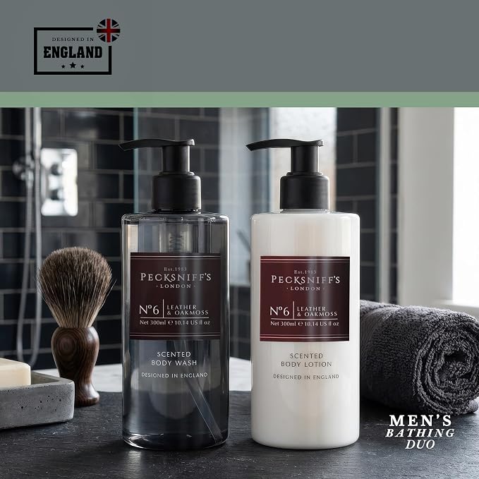Pecksniffs Mens Bathing Duo Collection – Leather & Oakmoss Scented Body Wash and Body Lotion Gift Set, 2 x 250ml