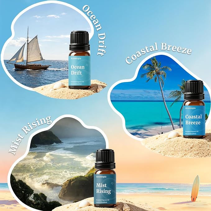 Beach Essential Oils Set, Aromtopia Diffuser Fragrance Oils for Home, 6x10ml Summer Essential Oils for Candle Soap Making, Pink Beach, Ocean Drift, Coastal Breeze Scents and More